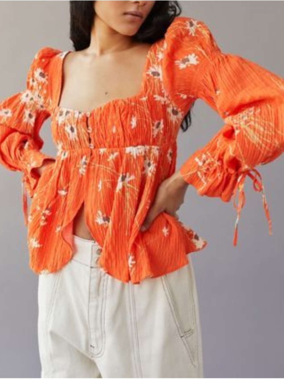 Urban Outfitters Allie Top Orange Floral Smocked Puff-Sleeve